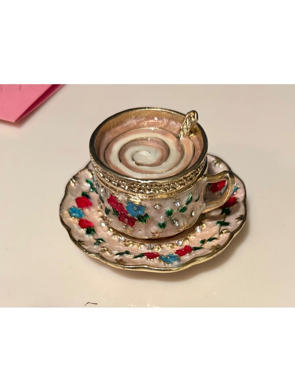 VTG Inspired Enamel Trinket Box in Teacup and Saucer Design w/Floral Accents